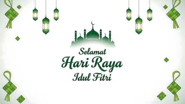 Selamat Hari Raya Idul Fitri Celebration Background with Mosque and Lanterns.