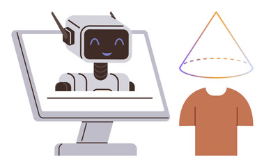 Fototapeta premium Artificial intelligence, robotics, conceptual design, technological innovation, human-machine interaction, digital transformation. Robot face on screen with person-thumbs up form wearing a cone head