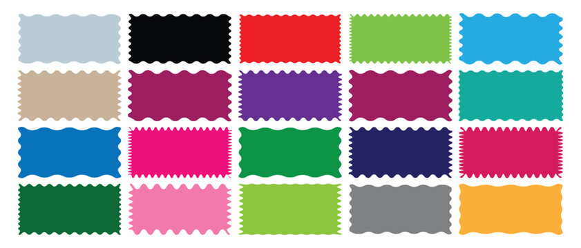 Zigzag wavy edge frame set. Geometric zig zag wavy edge stickers, frames, Set of Zigzag and colorful Shapes. Rectangle shape frame with zigzag edge. Set of frames in shape of squares and rectangles of