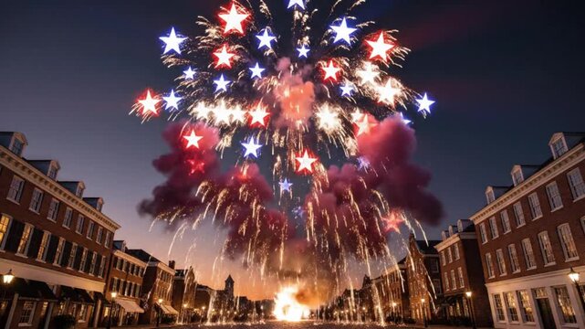 Spectacular Star-Shaped Fireworks Exploding Over a Historic Town Square at Night.
