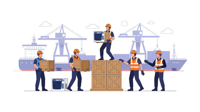 Logistics Team at Work: A coordinated team of logistics professionals meticulously manages the loading and unloading process at a bustling port.