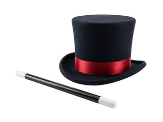 Elegant black felt top hat with a red satin ribbon and a magic wand isolated transparent background image © Illustration
