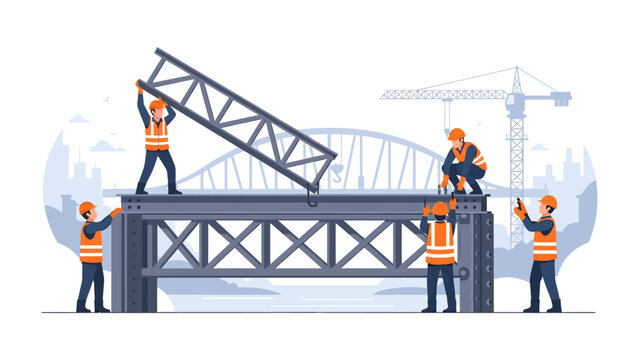 Bridge Construction in Progress: A group of diligent construction workers diligently erect a sturdy bridge, harmoniously working together on an exciting project that contributes to society