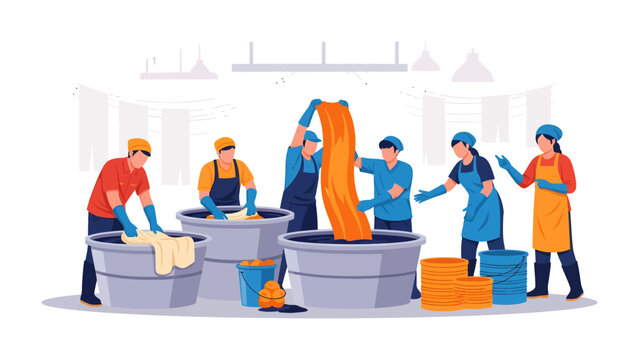 Textile Dyeing Process: A group of skilled artisans diligently work within a textile dyeing factory. Their synchronized movements bring forth vibrant colors and patterns to the fabric. 