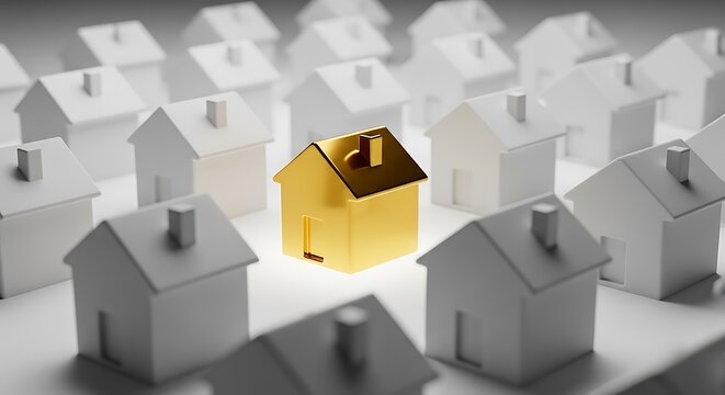Gold house model stands out among white miniature homes representing luxury real estate investment and unique property selection in housing market