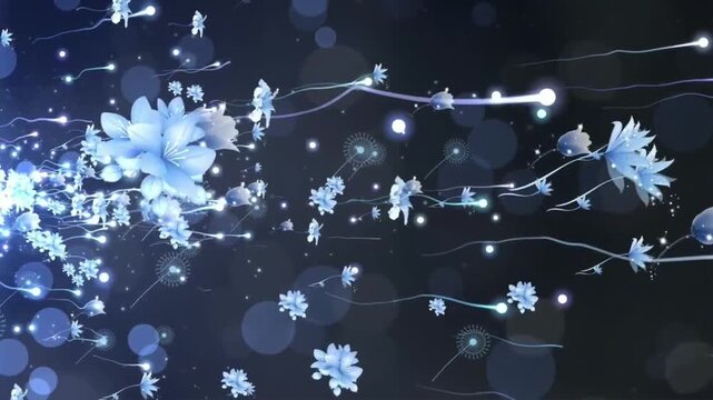 Elegant Blue Floral Motion Background with Glowing Particles and Magic Light Trails