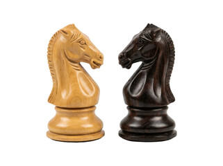 Intricately carved light and dark wooden chess knight pieces in strategic isolated transparent background image © Neo