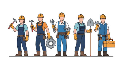 Construction Crew with Tools: An illustration of a construction crew equipped with a diverse array of tools stands ready for a project. Each member of the team stands out. © Tahura