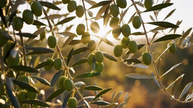 Sunlight filtering through olive tree branches with green olives, creating a beautiful natural scene.