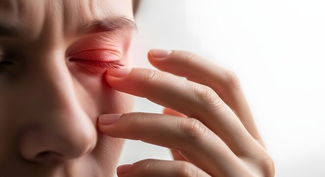 Person suffering from red, irritated eye, touching eyelid. Concept of eye pain, allergy, conjunctivitis, or inflammation.