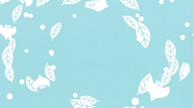 Birds and leaves rotating around central copy space