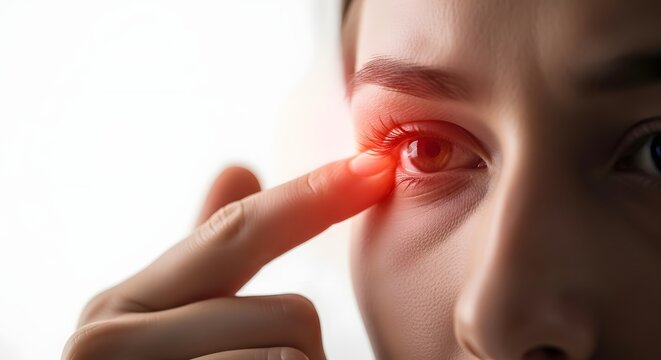 Close-up of irritated, red eye being touched by a finger, symbolizing pain, infection, or allergy symptoms.