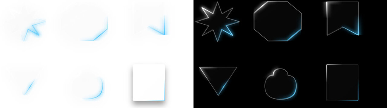 PNG image of Glassmorphism geometric shapes set, frosted glass frames with glowing blue light edges, translucent crystal UI elements for web design isolated on Transparent Background