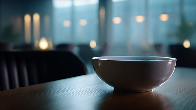 A captivating shot of a ceramic bowl on a table. The steam rises gently, evoking warmth, in a room with a soft glow