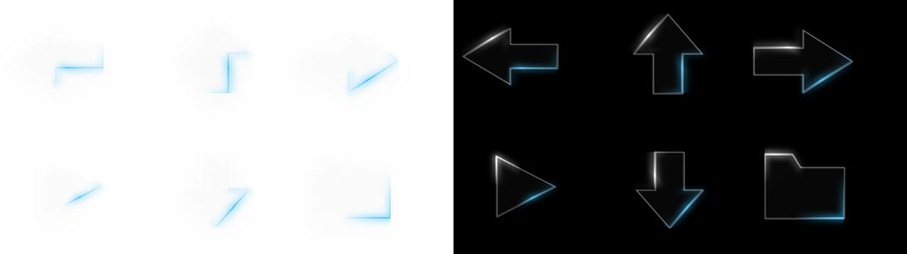 PNG image of Futuristic glass arrow icons with blue neon glow, glossy crystal interface buttons for gaming and web design, high tech digital navigation symbols isolated on Transparent Background