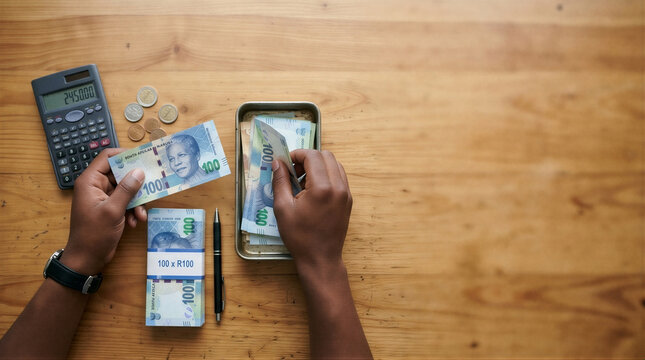 An overhead view of a person's hands holding a stack of money.