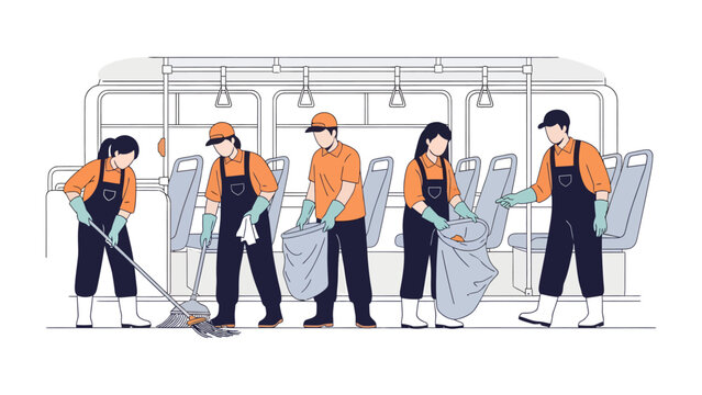 Bus Cleaning Crew: A dedicated team diligently sanitizes a public transit bus, ensuring a clean and safe environment for all commuters.