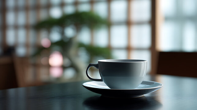 A ceramic cup of coffee sits on a saucer, capturing the essence of a serene moment. The composition evokes a sense of peace and relaxation