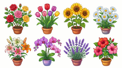 Obraz premium Set of Eight Colorful Potted Flower Illustrations Featuring Roses Tulips Sunflowers Daisies Lilies Orchids Lavender and Hibiscus Isolated on White Background