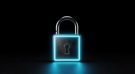 Fototapeta premium Glowing neon blue padlock on dark background for cyber security and digital data protection concept with metal shackle and glowing keyhole light