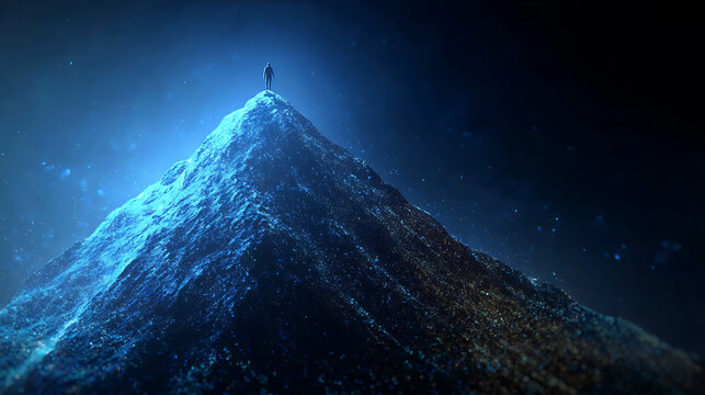 A solitary figure stands atop a majestic mountain, bathed in an ethereal, blue glow