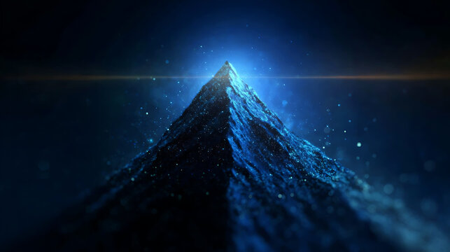 A majestic pyramid-shaped mountain illuminated against a dark, starry background, a symbol of strength and wonder.
