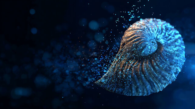 A detailed close-up shot of a Nautilus fossil against a dark backdrop. The fossil's spiral structure is well-defined and accentuated by an ethereal blue glow