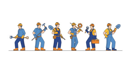 Builders in Line: A team of construction builders stands united, each holding their essential tools, ready to build and create © Tahura