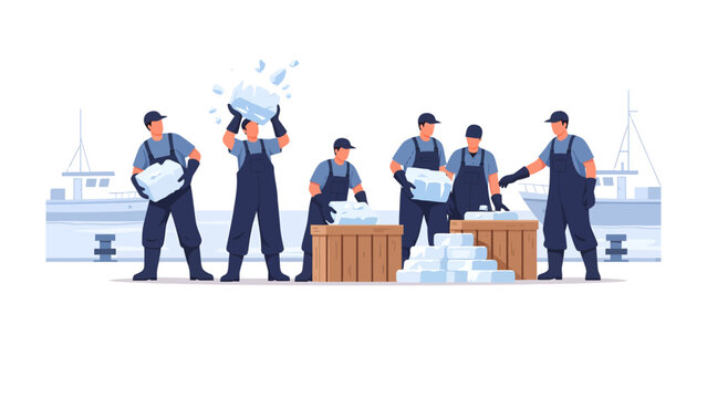 Ice Handling Crew: A group of diligent workers handles ice blocks, the image conveying the essence of industry, labor, and the process of preservation.