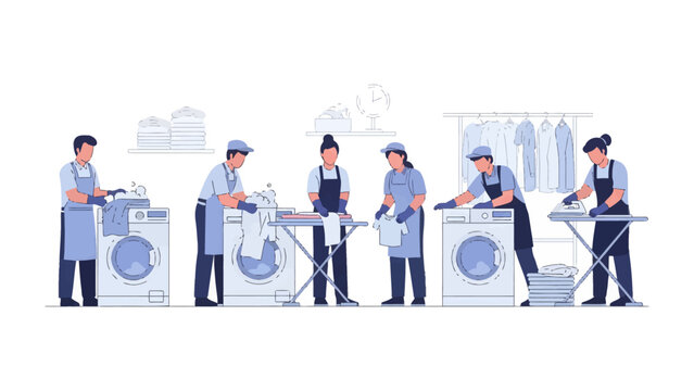 Laundry Day Harmony: A team of diligent professionals diligently manages the art of laundry. The scene, imbued with cleanliness and order, shows washing machines and ironing.