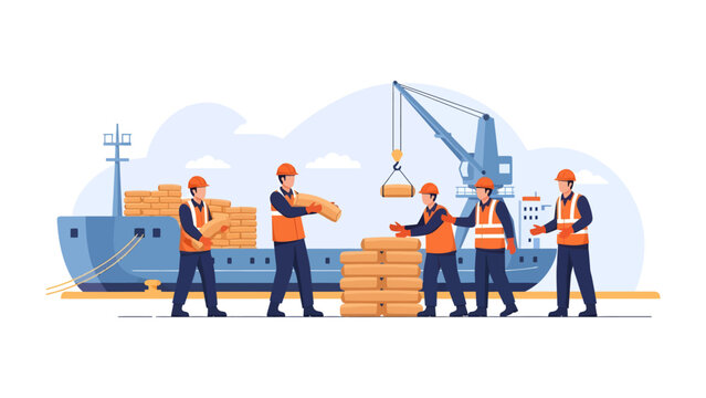 Harbor Workers: a crew of dockworkers and shipping company employees collaborating in a vibrant harbor, emphasizing industry, trade, and the art of global logistics