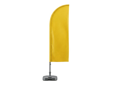 Tall curved yellow feather flag mockup on a plastic base for outdoor branding isolated transparent background image