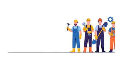 Building Crew: A dedicated team of construction workers stands ready for a new project, each member equipped with their essential tools and dressed in safety gear, ready to build and create. © FARHANA