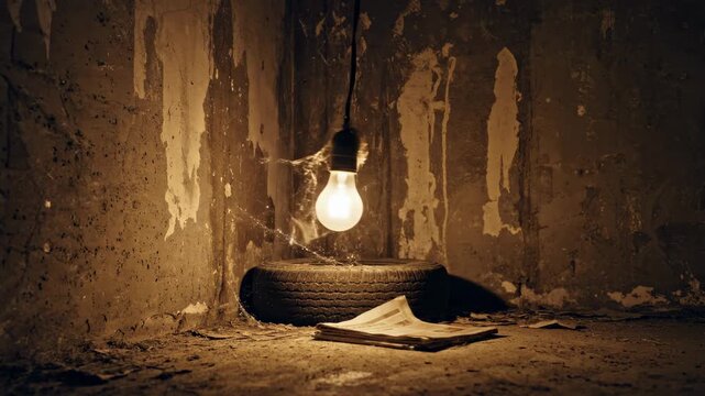 A single bare light bulb illuminates a dusty, abandoned room with a book and a tire.