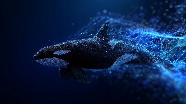 A majestic Orca swims gracefully through the depths of the ocean, surrounded by a swirling stream of particles