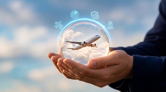 Businessman holding crystal globe with flying airplane and digital security icons for global travel insurance and modern aviation technology safety concepts
