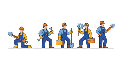 Fototapeta premium Construction Crew in Uniform: A series of skilled construction workers, each displaying their specialized tools, stand poised against a crisp backdrop.