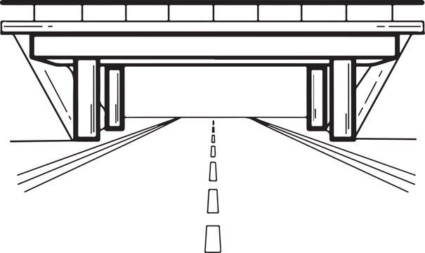 Bridge overpass perspective view showing modern highway infrastructure with road markings and concrete support columns in linear drawing style