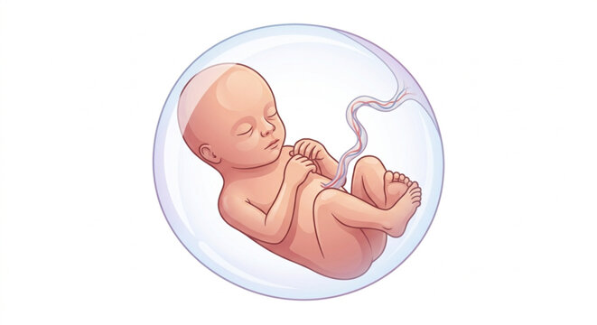 3D Isometric Human Fetus in Amniotic Sac Vector Illustration, Medical Embryology Concept