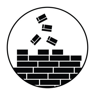 Black bricks falling from brick wall in circle icon icon