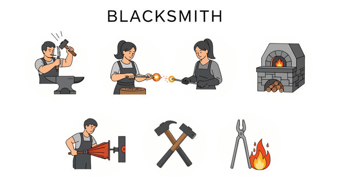 1 set icon of Blacksmith at work with tools.