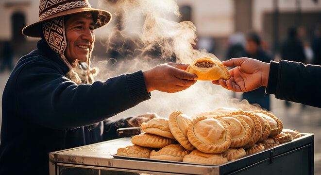 A smiling street vendor wearing a traditional hat hands over a steaming hot meat empanada to a customer from a metal cart