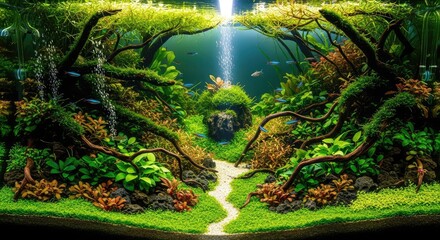 Fototapeta premium Mystical Forest with Light Beam Path.