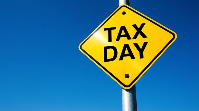 Yellow diamond shaped traffic sign with black tax day text against clear blue sky represents financial deadlines and irs filing season for taxpayers and small business owners today.
