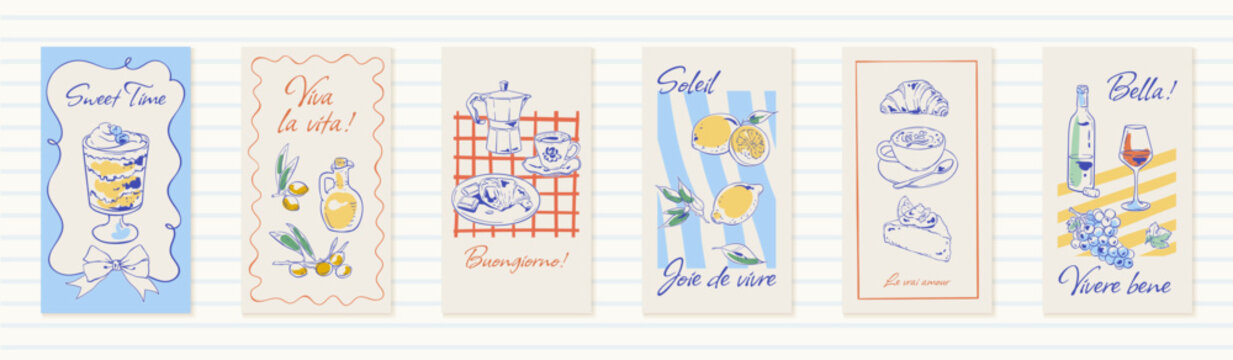 Vintage italian breakfast poster style set. Cozy food banner with blue and yellow background and lemon accent as cute hand sketch. Coffee croissant dessert set suits cafe menu card or social media