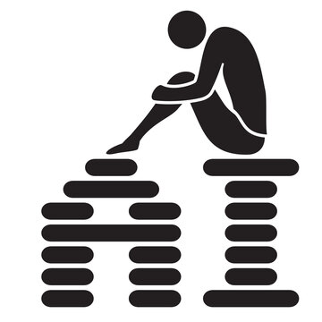 A black silhouette of a person sitting hunched over - knees pulled up, head down  perched on top of AI