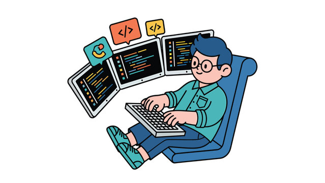 Young Software Developer Coding on Multi-Monitor Setup. Programmer working with code on three computer screens. Digital development illustration.