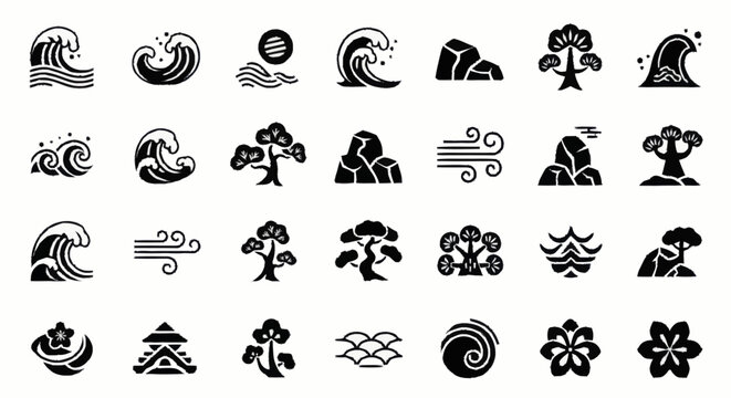 Black and white wave and flower icons.
