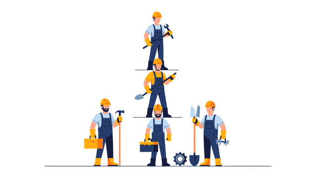 Construction Teamwork: A group of construction workers, each holding tools of their trade, forms a team, symbolizing collaboration, unity, and expertise in building.