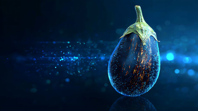 A solitary eggplant, isolated against a dynamic, atmospheric backdrop